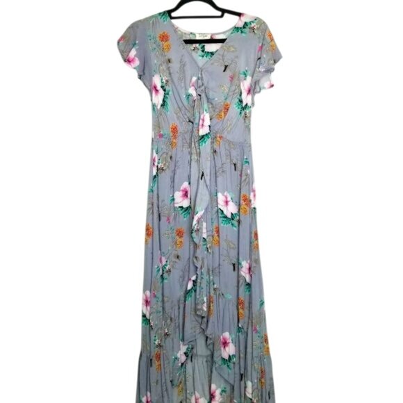 Umgee Floral Gray Maxi Dress Ruffle Hem Short Flutter Sleeves High Low S Cottage - Picture 1 of 12